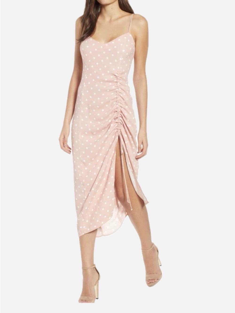 AFRM Pink Polka Dot Ruched Midi Dress - Picture 4 of 5
